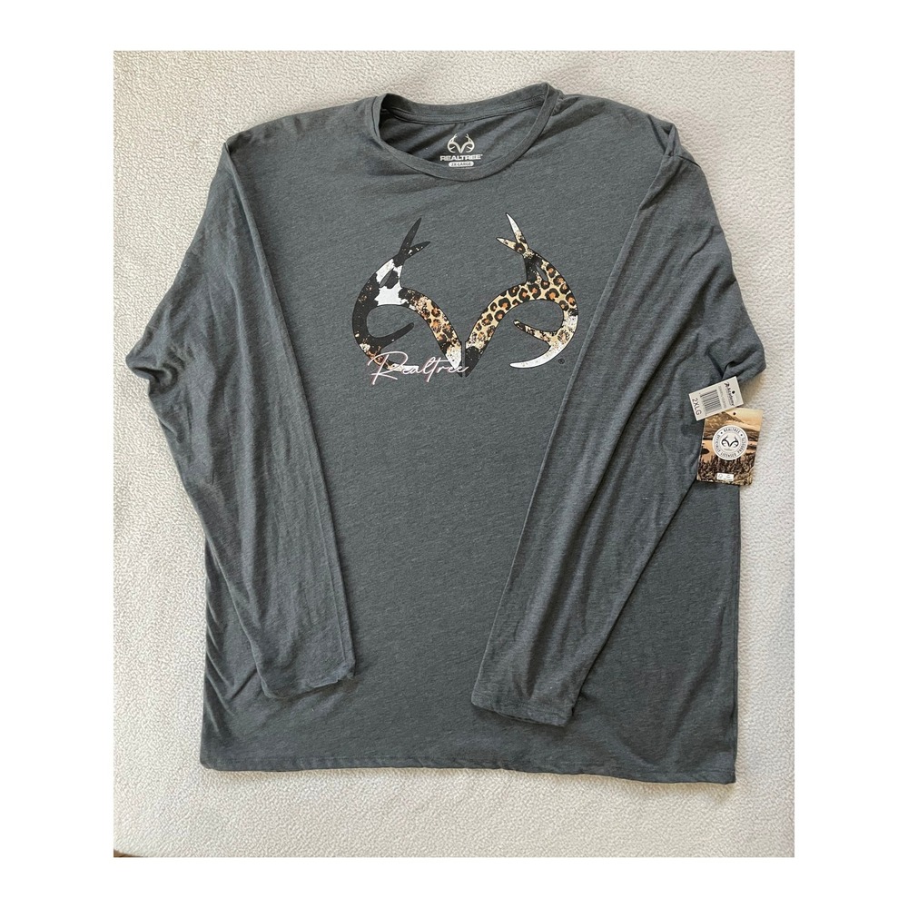 Realtree Womens 2X-Large Long Sleeve Shirt Gray Animal Print Logo Graphic Tee